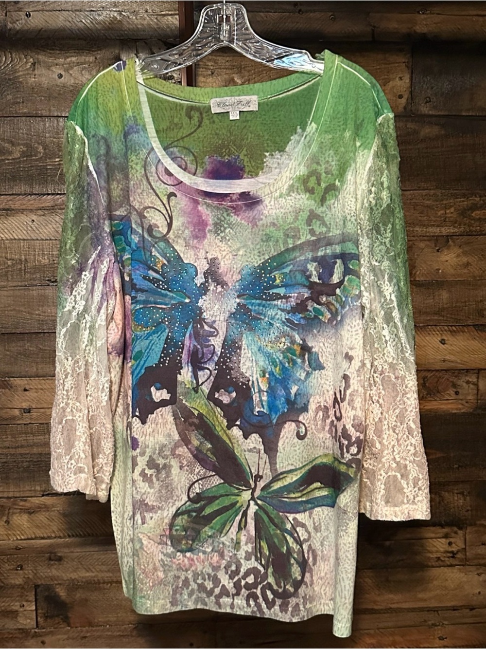 Closet Full Butterfly Burnout Tunic Lace Sleeve Top Green Plus Size